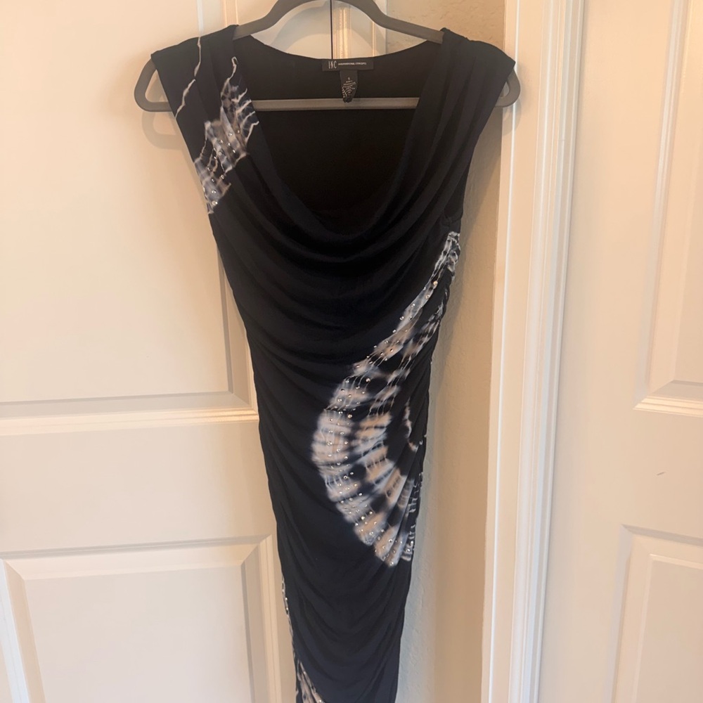 INC International Concepts Black Tie-Dye Ruched Sheath Dress